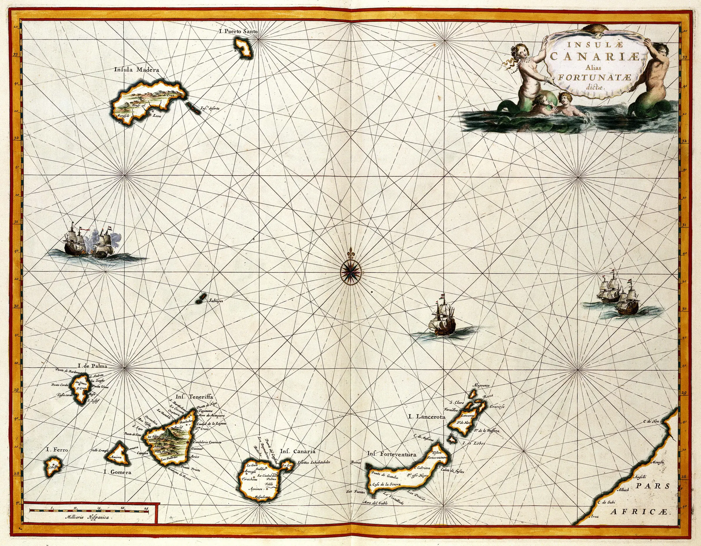 Hand-colored 1667 map of the Canary Islands showing Tenerife, Gran Canaria, and neighboring islands amid rhumb lines and decorative maritime imagery.