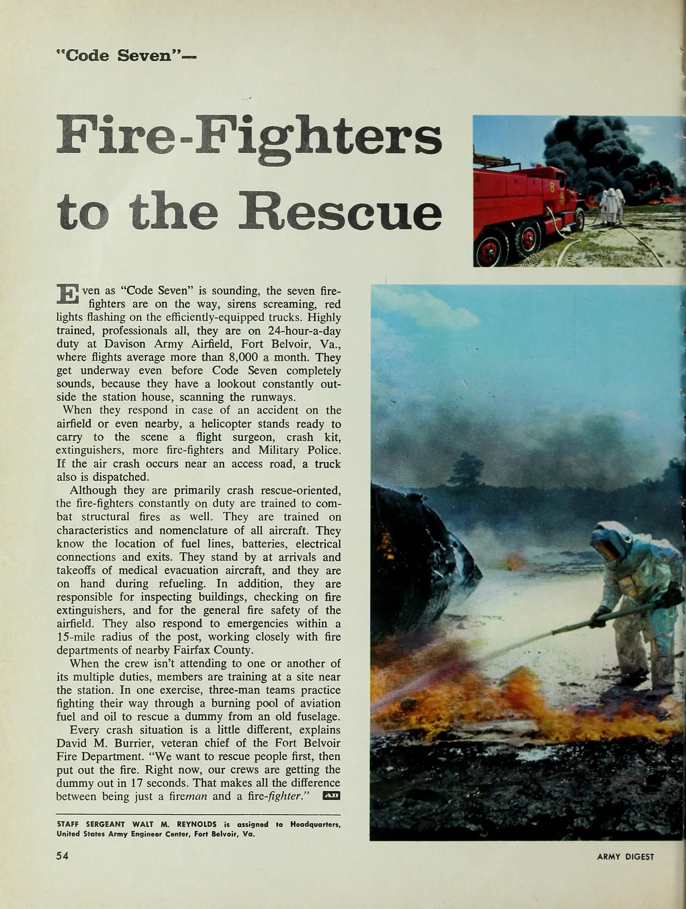 Page 54 of a January 1970 Army Digest article, with text naming David Burrier and black-and-white photographs of aircraft crash-rescue training.
