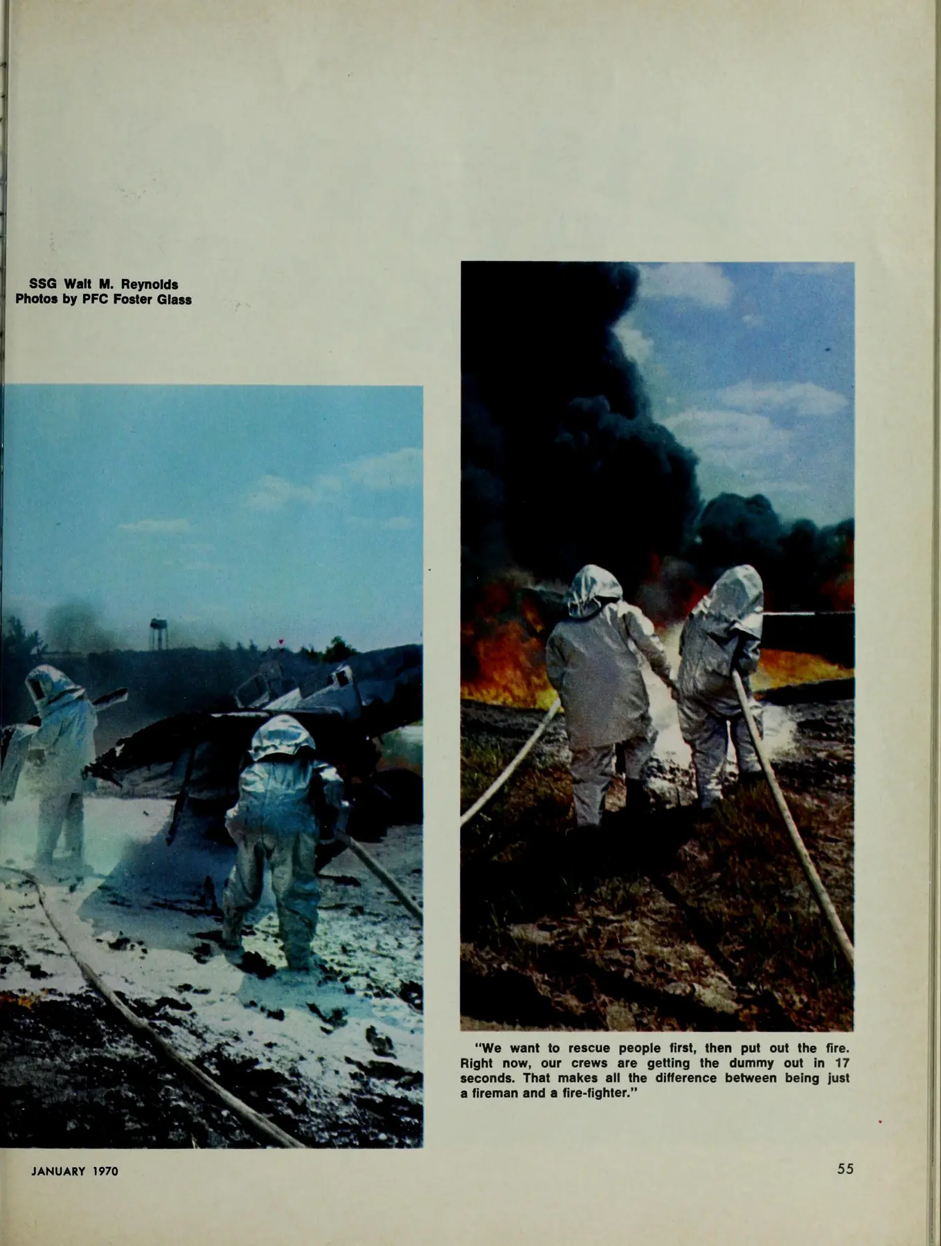 Page 55 of a January 1970 Army Digest article, with text and black-and-white photographs of firefighters conducting aircraft crash-rescue training.