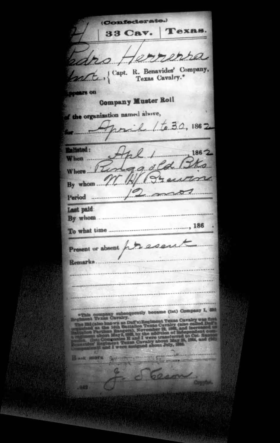Black-and-white 1862 War Department muster card for Private Pedro Herrera, recording enlistment and muster at Ringgold Barracks and present status.