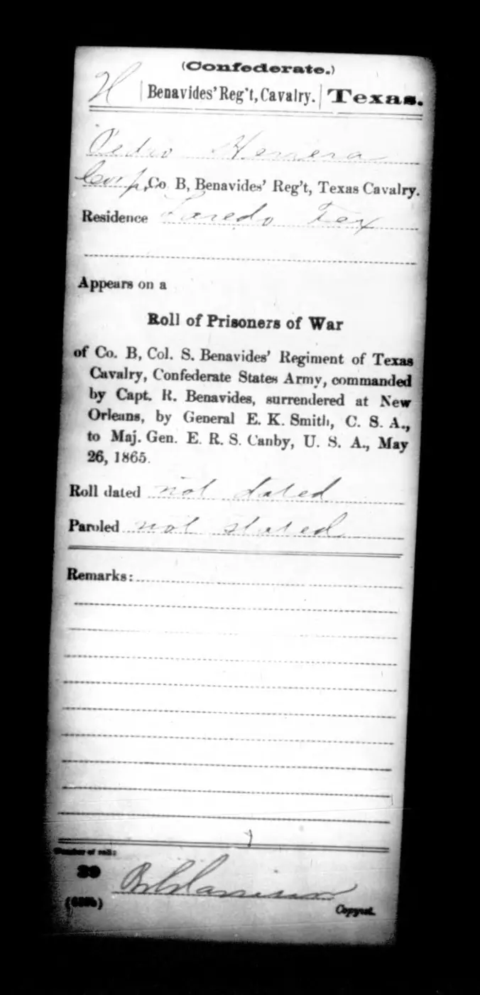 Black-and-white 1865 War Department surrender-roll abstract listing Corporal Pedro Herrera of Company B, Benavides’s Regiment, as a Laredo resident.